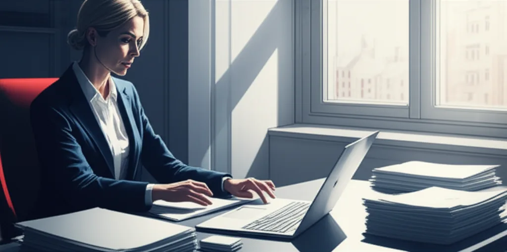 標準報酬月額の上限引上げで手取り激減?高年収層への影響と対策 - 明るい自然光が差し込む書斎で、ノートパソコンと書類を前に真剣に作業する40代のビジネスパーソンのシー