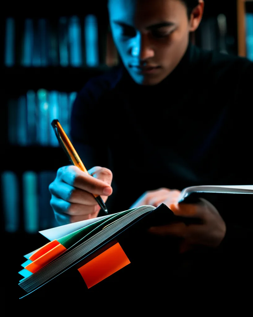 野村證券 年収の実態:IBD職位別データと外資流出の構造 - 図書館や書斎で、付箋が貼られた本を読みながらメモを取るビジネスパーソン