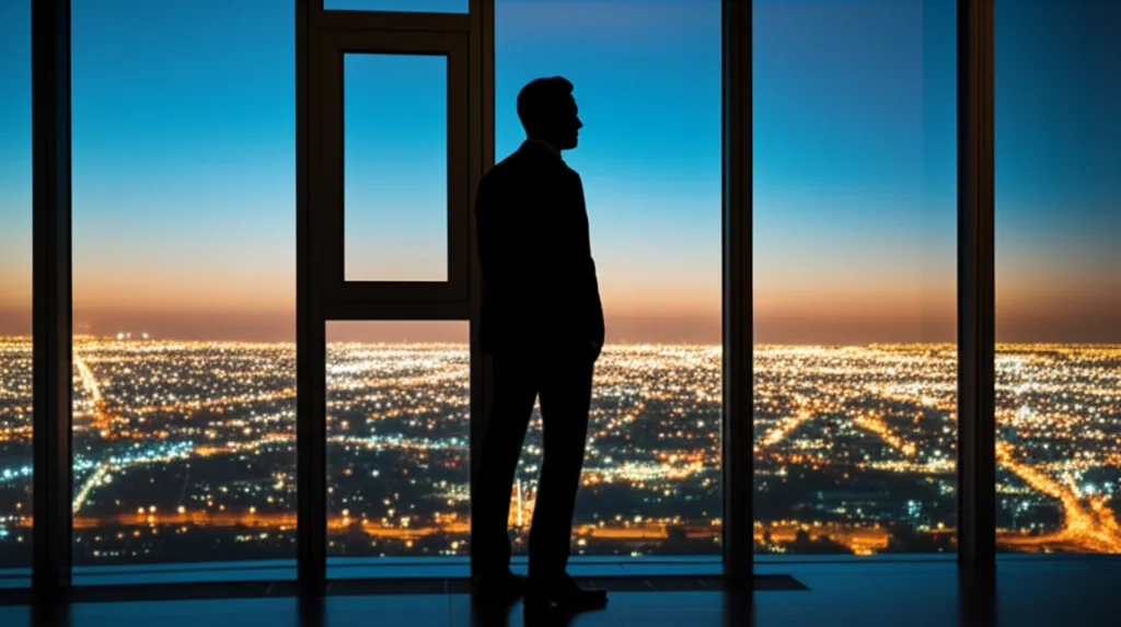 年収2000万でも幸せになれない本質的な理由 - 都心の高層マンションのリビングから夜景を眺める、落ち着いた雰囲気の中年男性のシルエット