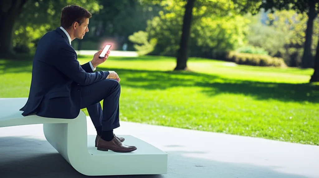 標準報酬月額の上限引上げで手取り激減?高年収層への影響と対策 - 新緑の公園で、ベンチに座りながらスマートフォンで情報を確認するスーツ姿のビジネスパーソンのシーン