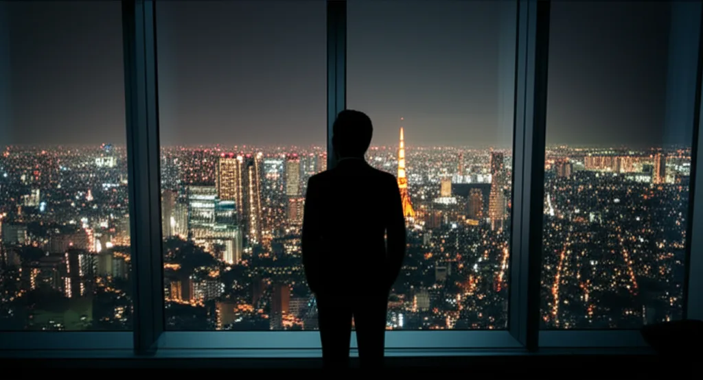 野村證券 年収の実態:IBD職位別データと外資流出の構造 - 都心のタワーマンション高層階から見下ろす夜の東京の街並み、窓辺に立つ人物のシルエット