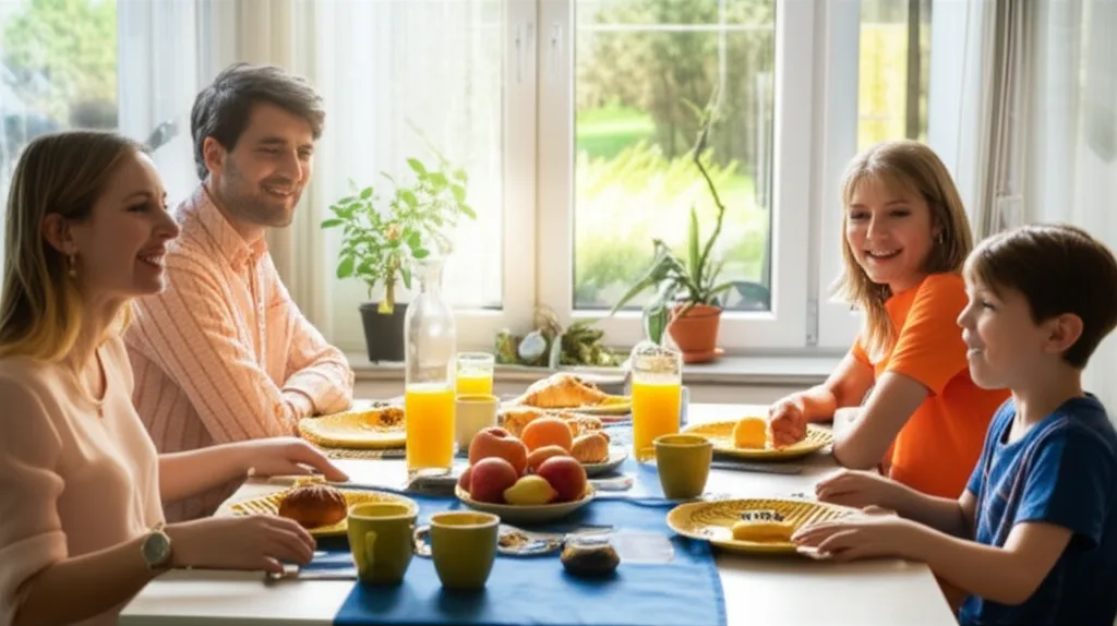 年収2000万でも幸せになれない本質的な理由 - 週末の朝、家族と自宅のダイニングでゆったりと朝食を楽しむ温かい風景