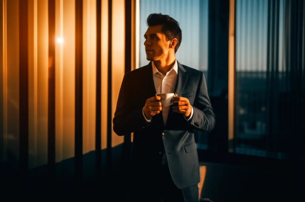 野村證券 年収の実態:IBD職位別データと外資流出の構造 - 朝の光が差し込むカフェで、コーヒーを手にしながら窓の外を見つめるスーツ姿の男性、表情は穏やかで前向き