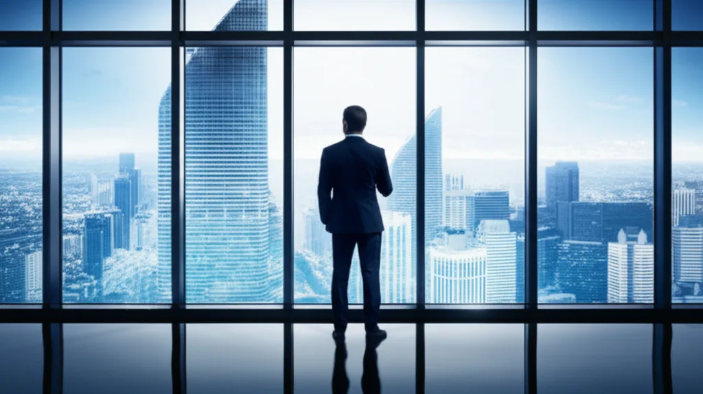 日銀利上げ「ギアシフト」で何が変わる?高年収層の資産防衛術 - 朝の光が差し込む明るいオフィスで、窓の外の都市景観を眺めながら立つビジネスパーソンの後ろ姿