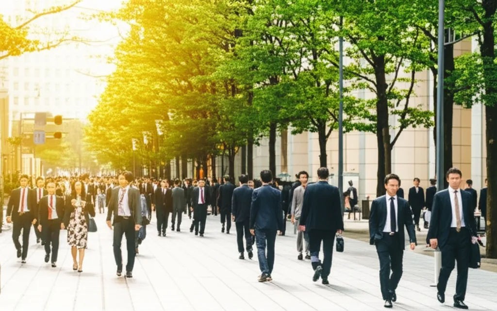 日銀政策金利0.75%据え置きの本質と今後の見通し - 東京・丸の内の金融街を歩くスーツ姿のビジネスパーソンたち、朝のラッシュアワー