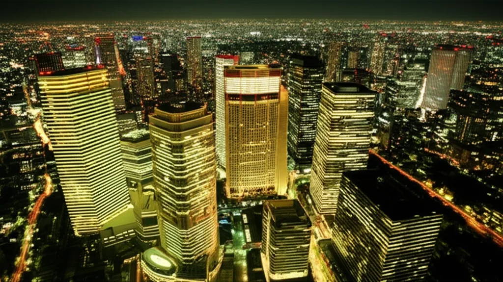 日銀政策金利0.75%据え置きの本質と今後の見通し - 夜の東京スカイラインと光り輝く高層ビル群、ヘリコプター視点の俯瞰ショット