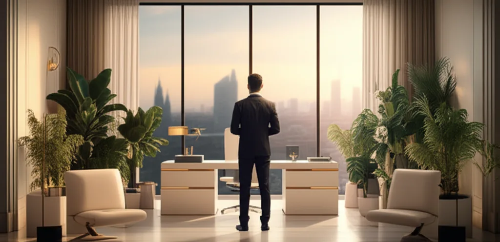 日銀政策金利0.75%据え置きの本質と今後の見通し - 広々としたホームオフィスで窓の外の都市を眺めながら考えるビジネスパーソンの後ろ姿