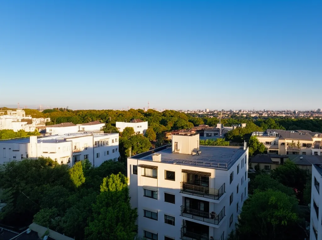 日銀政策金利0.75%据え置きの本質と今後の見通し - 東京の住宅街を見渡す高台、青空と緑の街並みが広がる穏やかな昼間の風景