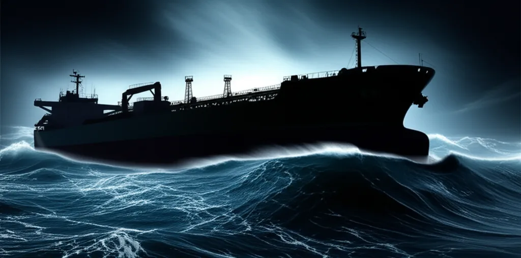 トランプ関税と対米投資リスク|日本経済への影響を読む - 嵐の中、荒波に揺れる大型タンカーの力強いシルエット