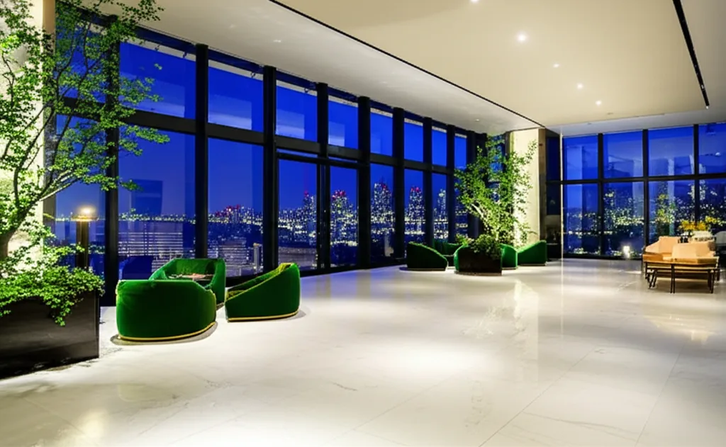 トランプ関税と対米投資リスク|日本経済への影響を読む - 東京都心の夜景を背景に、高層タワーマンションのエントランスロビー