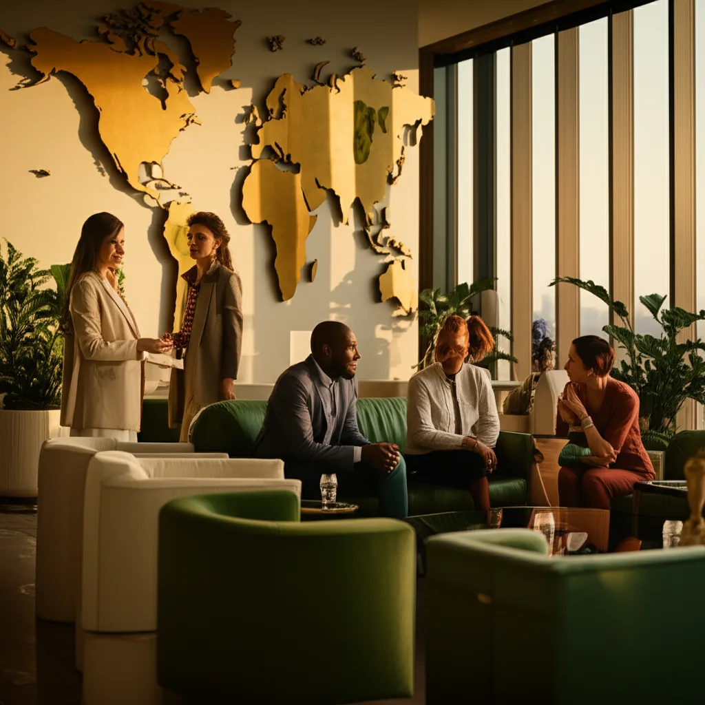 トランプ関税と対米投資リスク|日本経済への影響を読む - 高層ビルの会議室で世界地図を前に議論するビジネスパーソンたち