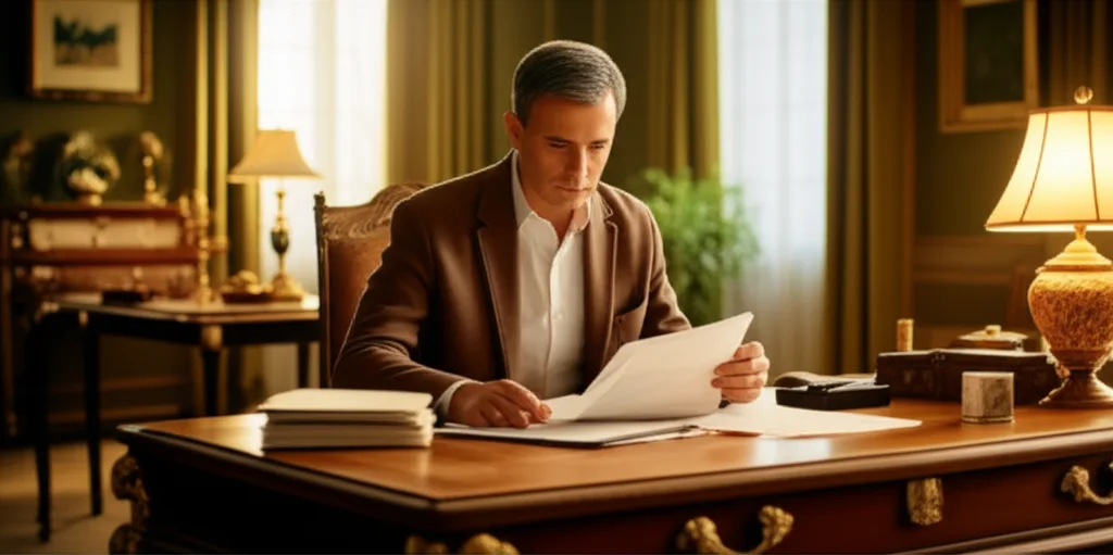 トランプ関税と対米投資リスク|日本経済への影響を読む - 静かな書斎で資料を読み込む、落ち着いた雰囲気の40代男性