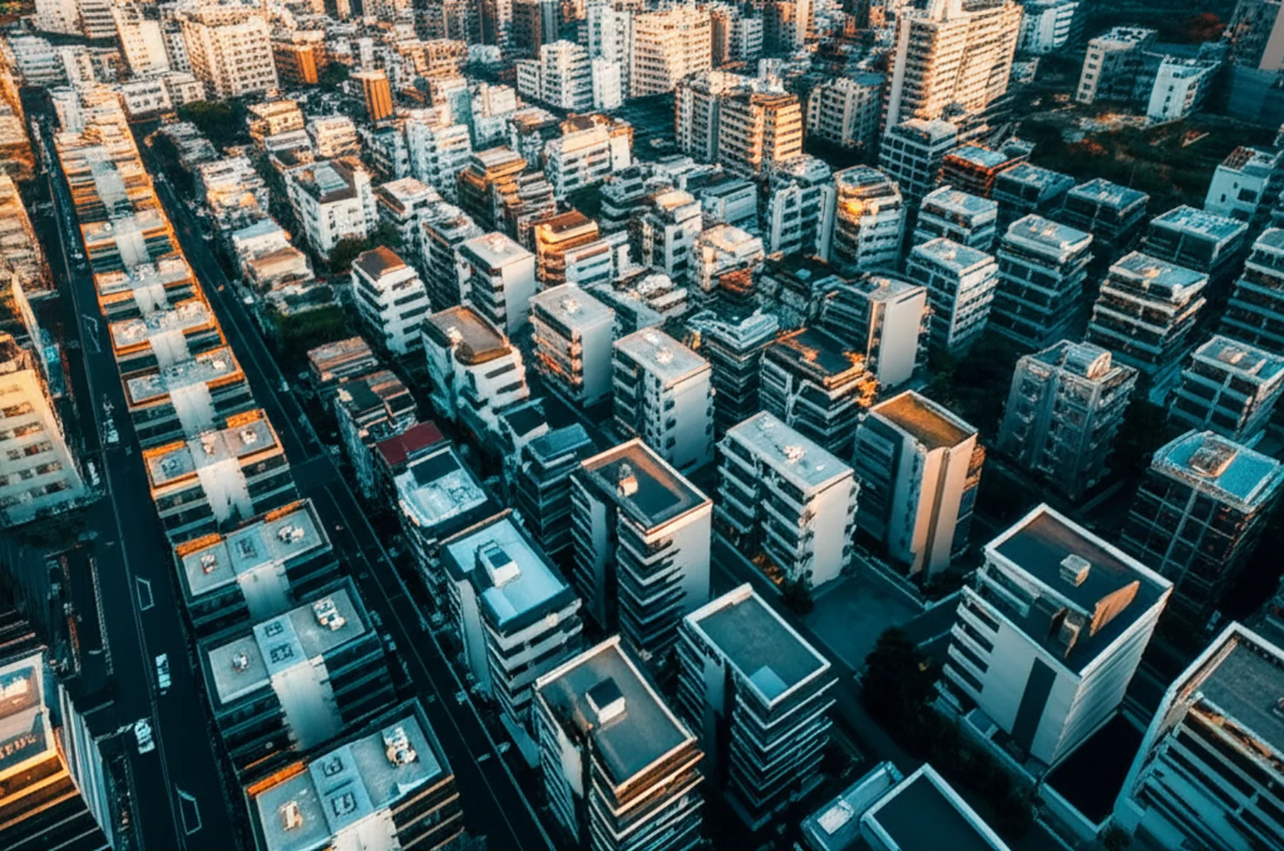 一棟アパート投資で「与信」を武器にする戦略 - 東京都心の住宅街を見下ろす高台からの俯瞰ショット。整然と並ぶアパートと住宅が夕暮れの光に照らされてい