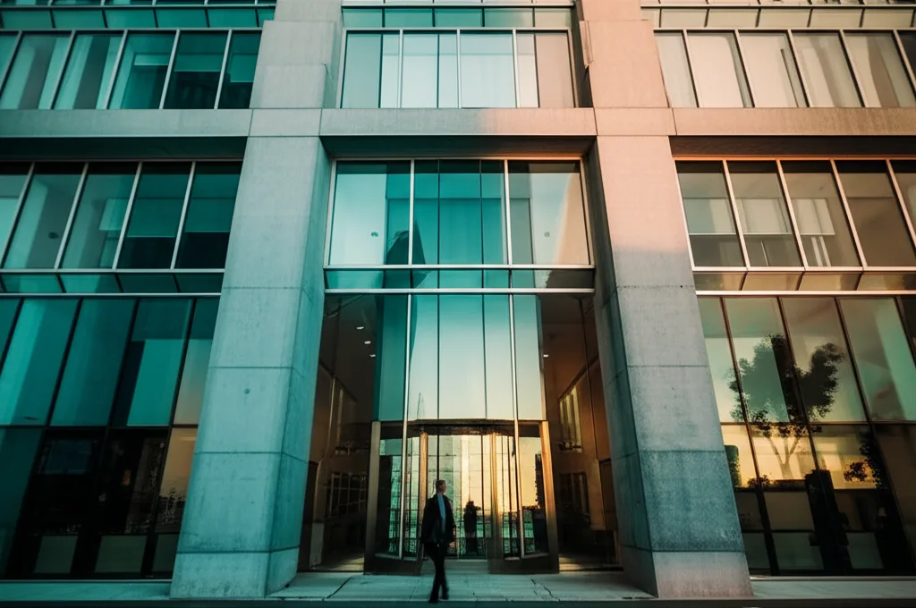 一棟アパート投資で「与信」を武器にする戦略 - 都市銀行の重厚な外観。ガラス張りのエントランスに朝の光が差し込み、スーツ姿のビジネスパーソンが入って