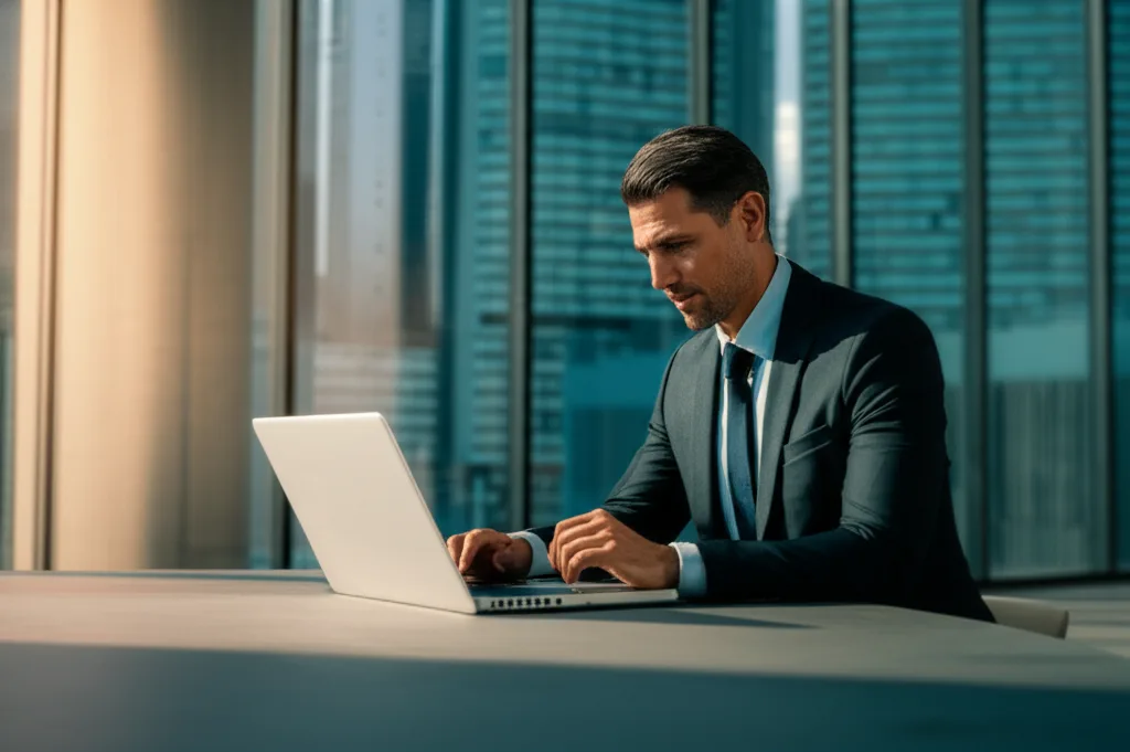 一棟アパート投資で「与信」を武器にする戦略 - カフェのテーブルでノートパソコンと書類を広げ、真剣な表情で作業するスーツ姿の30代男性