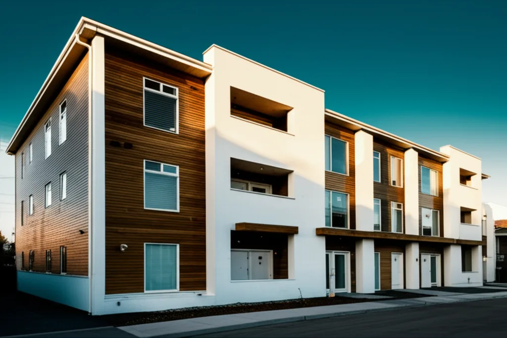 一棟アパート投資で「与信」を武器にする戦略 - 木造2階建てアパートの外観。白壁に整然と並ぶ玄関ドア。周囲は閑静な住宅街で、青空が広がっている