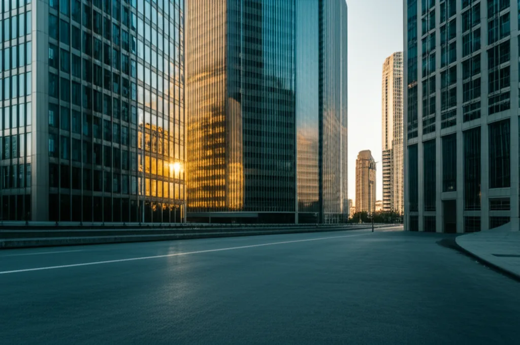 一棟アパート投資で「与信」を武器にする戦略 - 早朝の都心オフィス街。誰もいない大通りに朝日が差し込み、ビルのガラスに光が反射している