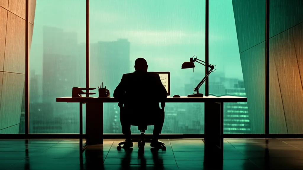 一棟アパート投資で「与信」を武器にする戦略 - 窓の外に雨が降る中、デスクで書類を真剣に読み込む男性のシルエット。間接照明が落ち着いた雰囲気を醸し出