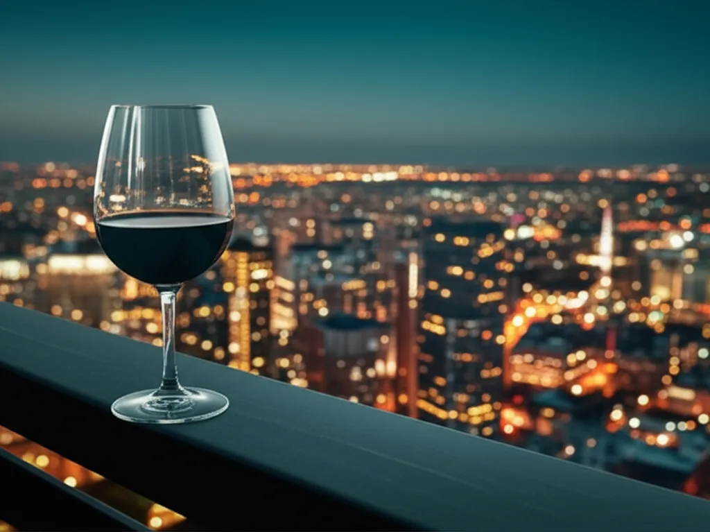一棟アパート投資で「与信」を武器にする戦略 - 夜景を見渡す高層マンションのバルコニー。遠くに輝く都心の灯りと、手前に置かれたワイングラスのシルエッ