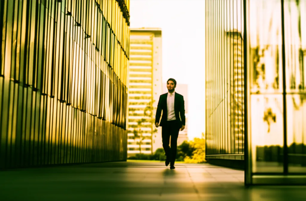 日銀政策金利0.75%維持｜長期金利上昇が不動産ローンに与える影響と対策 - 金融街のオフィスビル群の間を歩くスーツ姿のビジネスパーソン、朝の通勤風景