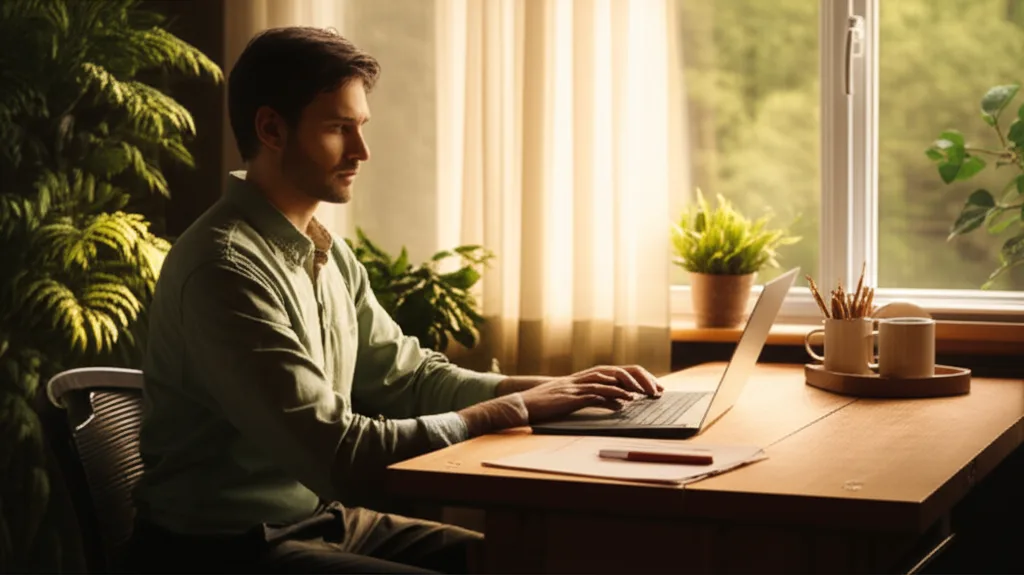 日銀政策金利0.75%維持｜長期金利上昇が不動産ローンに与える影響と対策 - 窓際のデスクでノートパソコンと書類を広げ、真剣な表情で作業する30代のビジネスマン