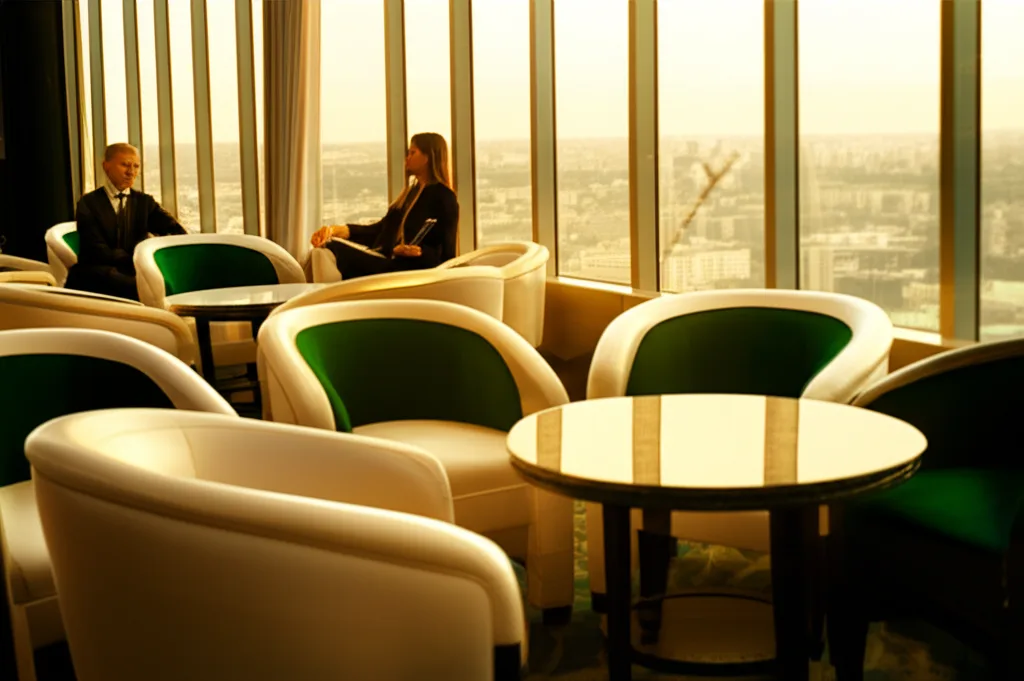 日銀政策金利0.75%維持｜長期金利上昇が不動産ローンに与える影響と対策 - 高層ビルのラウンジで打ち合わせをする二人のビジネスパーソン、都市の景色を背景に