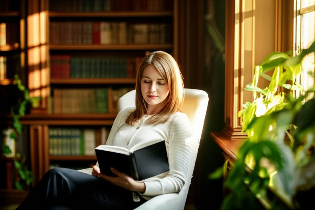 日銀政策金利0.75%維持｜長期金利上昇が不動産ローンに与える影響と対策 - 書棚の前で読書するビジネスパーソン、自然光が差し込む落ち着いた書斎の風景