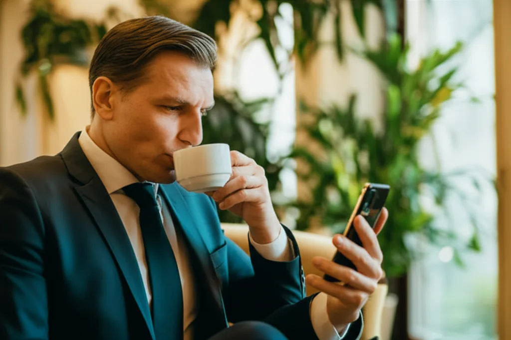 日銀政策金利0.75%維持｜長期金利上昇が不動産ローンに与える影響と対策 - スマートフォンで情報を確認しながらコーヒーを飲む、カフェにいるスーツ姿の40代男性