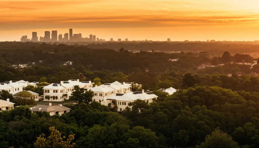 日銀政策金利0.75%維持｜長期金利上昇が不動産ローンに与える影響と対策 - 夕暮れ時の都市の高台から見た住宅街と遠くのビル群、オレンジ色に染まる空の風景