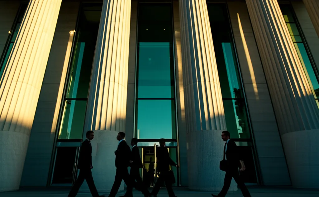 不動産投資ローン2026｜高属性が狙うべき銀行と審査攻略 - 銀行の重厚な外観と、入口に向かうビジネスパーソンのシルエット