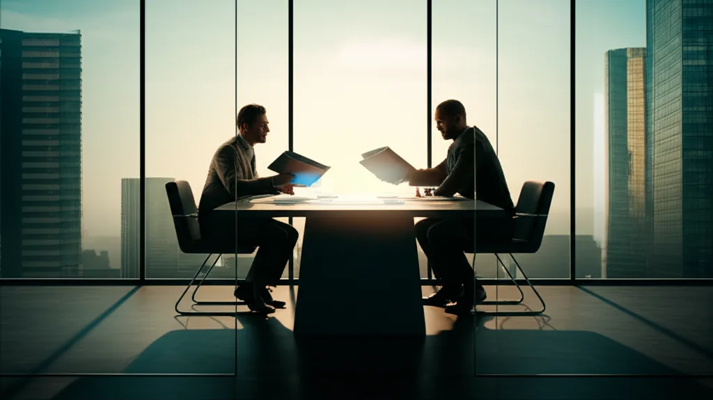 不動産投資ローン2026｜高属性が狙うべき銀行と審査攻略 - ビジネスマンが銀行担当者と向かい合って書類を確認している会議室のシーン