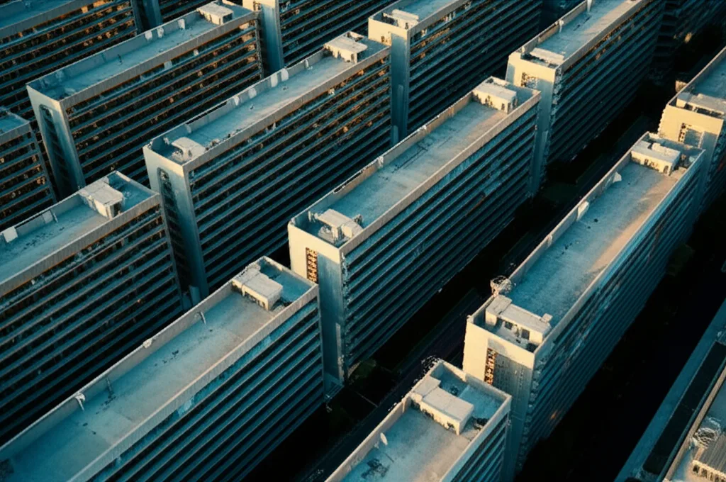 不動産投資ローン2026｜高属性が狙うべき銀行と審査攻略 - 東京の住宅街を見渡せる高台から撮影した、整然と並ぶ集合住宅群の夕景