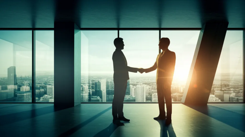 不動産投資ローン2026｜高属性が狙うべき銀行と審査攻略 - 銀行の担当者と投資家が握手を交わしているオフィスのシーン