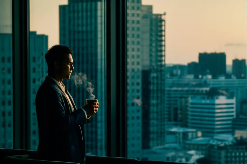 不動産投資ローン2026｜高属性が狙うべき銀行と審査攻略 - 都市の朝、コーヒーを手に窓の外を見つめるビジネスパーソンの横顔