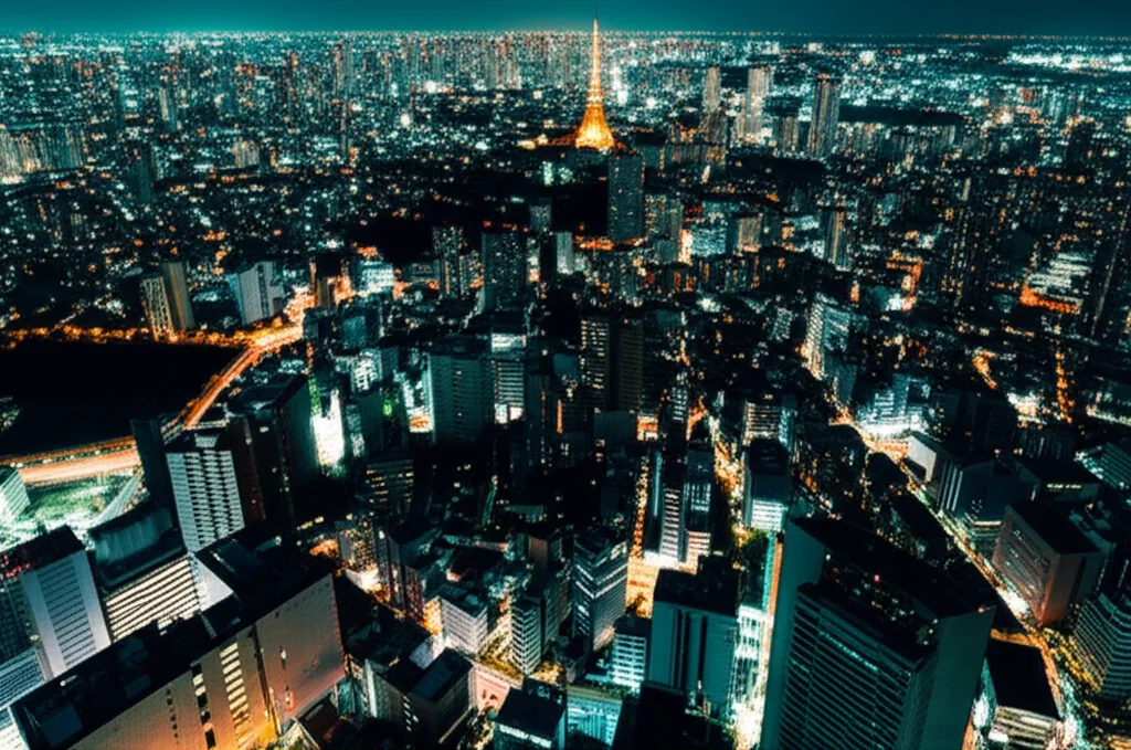 不動産投資市場動向2025|金利・価格の展望とハイキャリアの戦略 - 夜の東京都心を俯瞰した空撮。無数の光が広がる都市の夜景と遠くに見える東京タワー