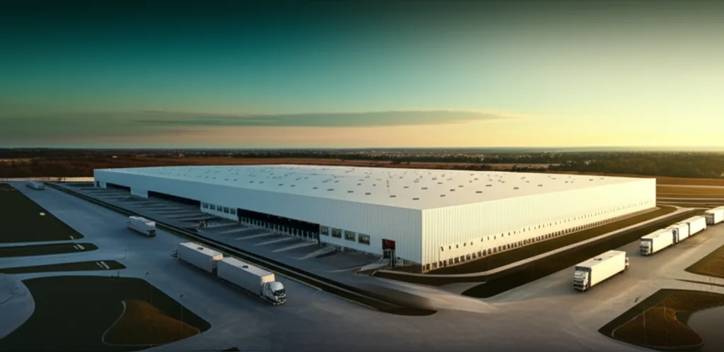 不動産投資市場動向2025|金利・価格の展望とハイキャリアの戦略 - 物流倉庫の外観。広大な敷地に建つ近代的な白い建物と、出入りするトラックが見える郊外の風景