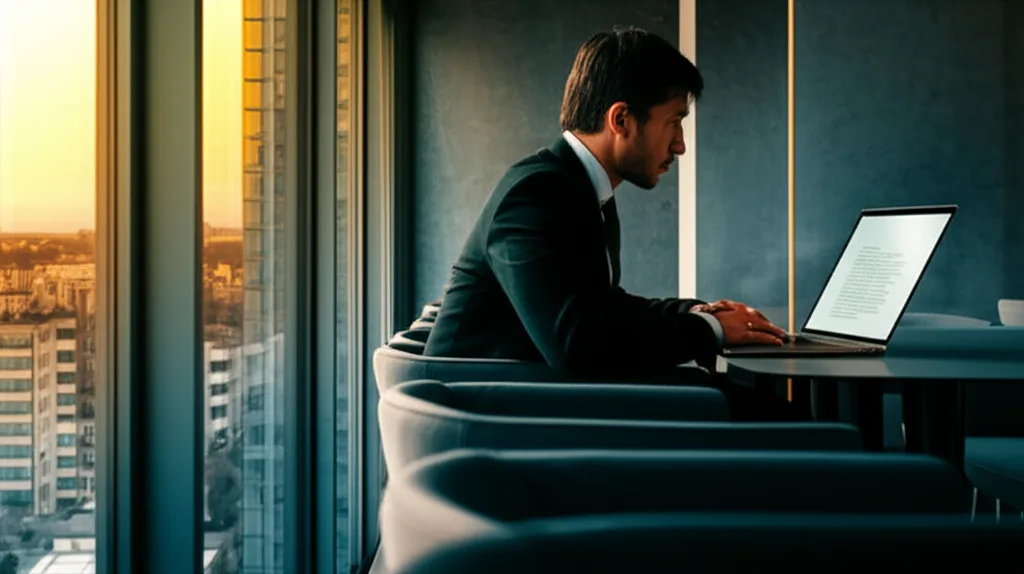 不動産投資市場動向2025|金利・価格の展望とハイキャリアの戦略 - 落ち着いた雰囲気のカフェで、ノートパソコンを前に資料を確認するスーツ姿の30代男性