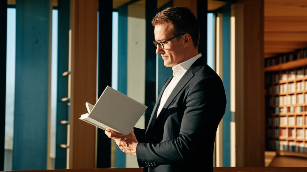 不動産投資市場動向2025|金利・価格の展望とハイキャリアの戦略 - 大型書店のビジネス書コーナーで、真剣な表情で本を手に取る30〜40代のビジネスパーソン