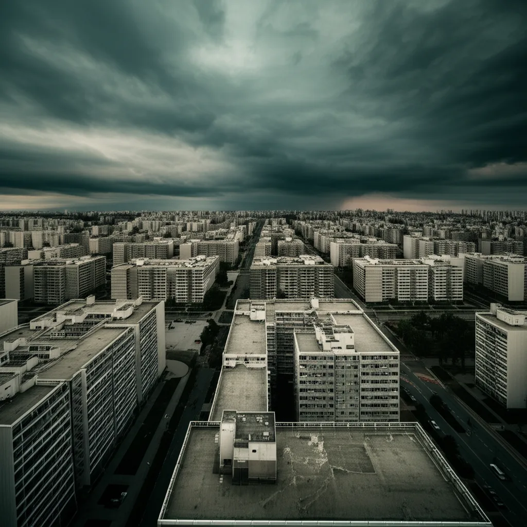 不動産投資市場動向2025|金利・価格の展望とハイキャリアの戦略 - 嵐の前の静けさを感じさせる、曇り空の下に広がる住宅街の俯瞰写真