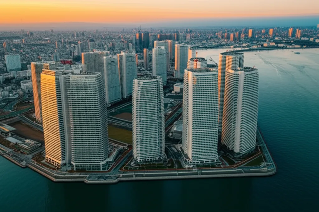不動産投資市場動向2025|金利・価格の展望とハイキャリアの戦略 - 夜明けの東京湾岸エリア。朝日を受けて輝く高層マンション群と静かな水面が映る都市の夜明け