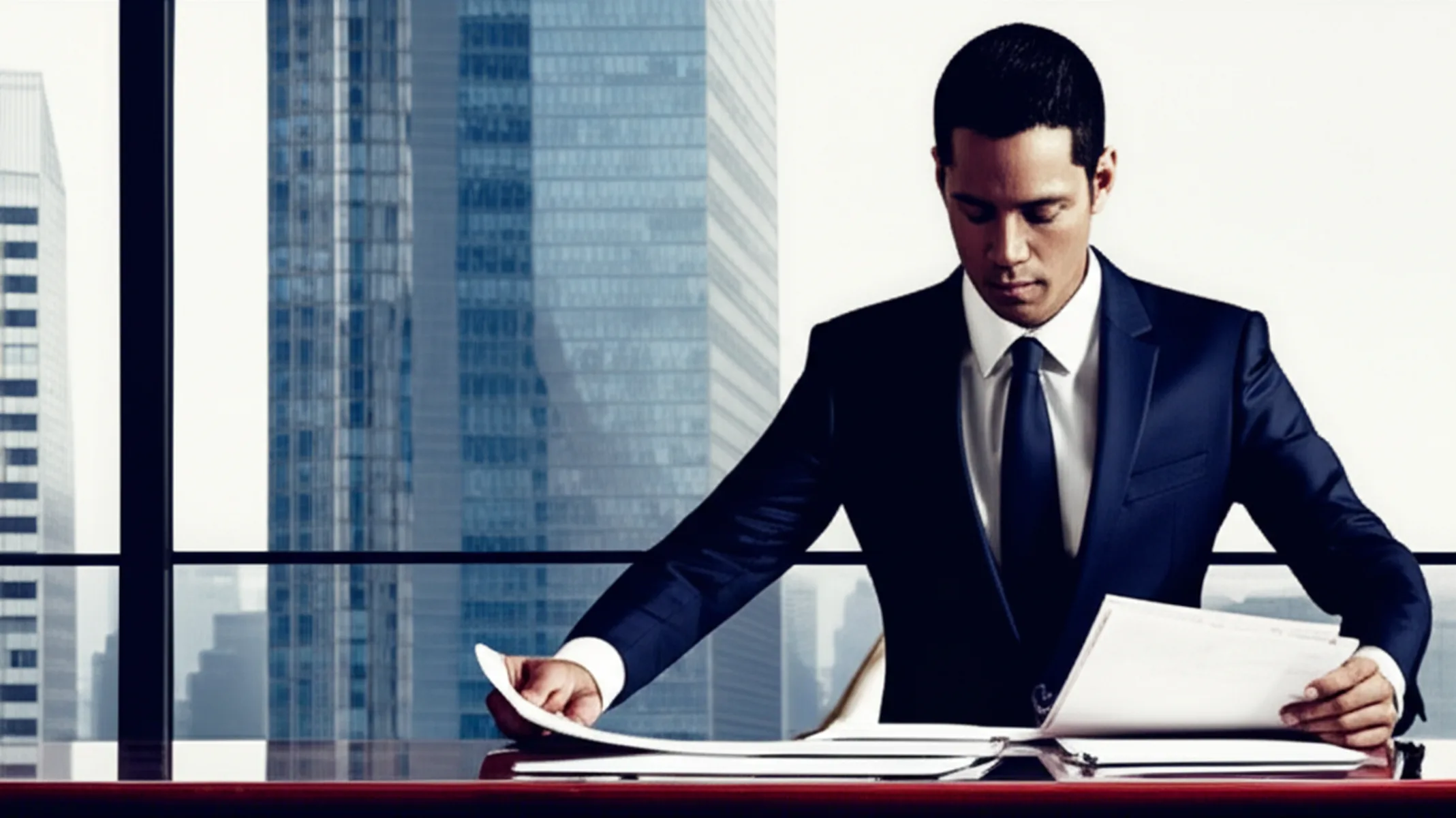 不動産投資の法人化:サブリース vs 所有型の選び方 - 都心の高層マンション群を背景に、書類を広げて検討するスーツ姿のビジネスパーソン