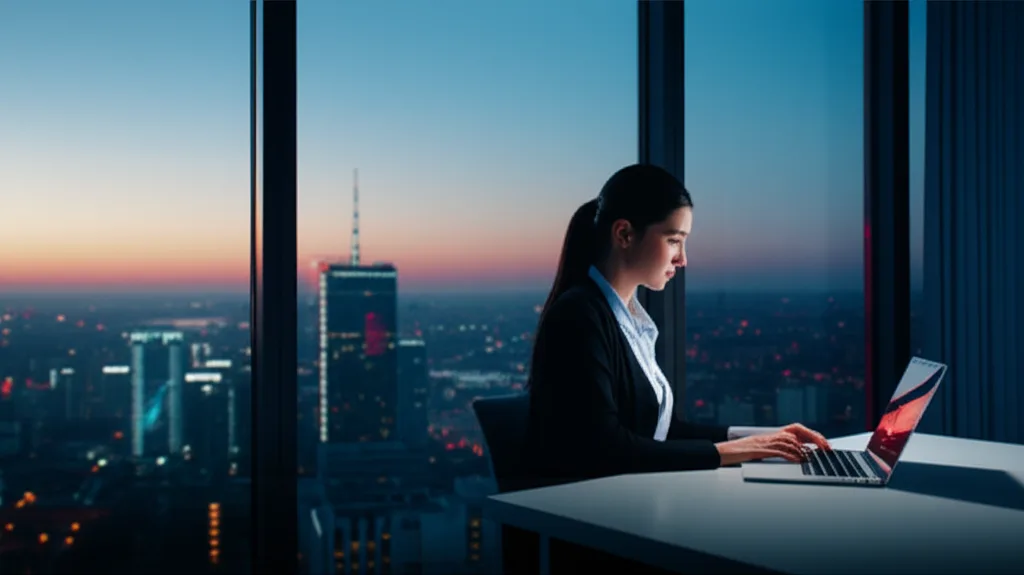 不動産投資の法人化:サブリース vs 所有型の選び方 - 窓から夕暮れの都市を眺めながら、ノートパソコンで資料を確認するビジネスパーソン