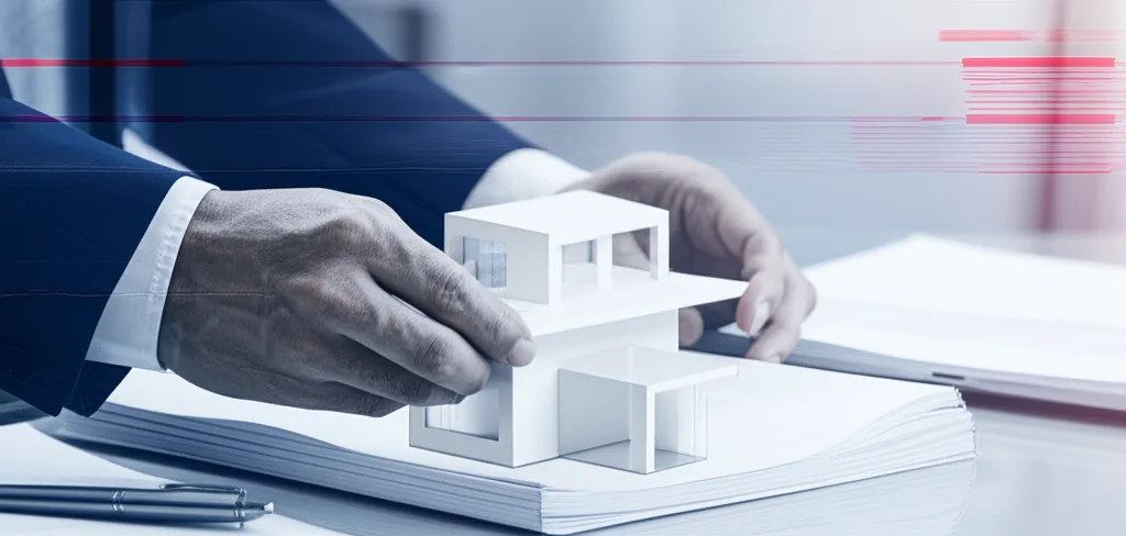 不動産投資の法人化:サブリース vs 所有型の選び方 - 不動産の模型と電卓・書類が並ぶデスクで、資料を精査するビジネスパーソンの手元