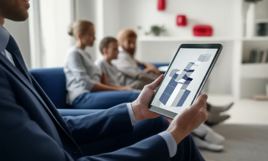 不動産投資の法人化:サブリース vs 所有型の選び方 - 家族と自宅のリビングでタブレットを使って資産計画を確認するビジネスパーソン