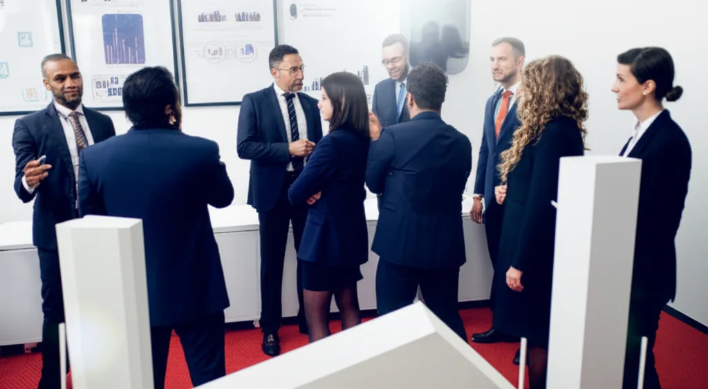 不動産投資の法人化:サブリース vs 所有型の選び方 - 明るい日差しが差し込む会議室で、複数人がホワイトボードを使って戦略を議論している場面