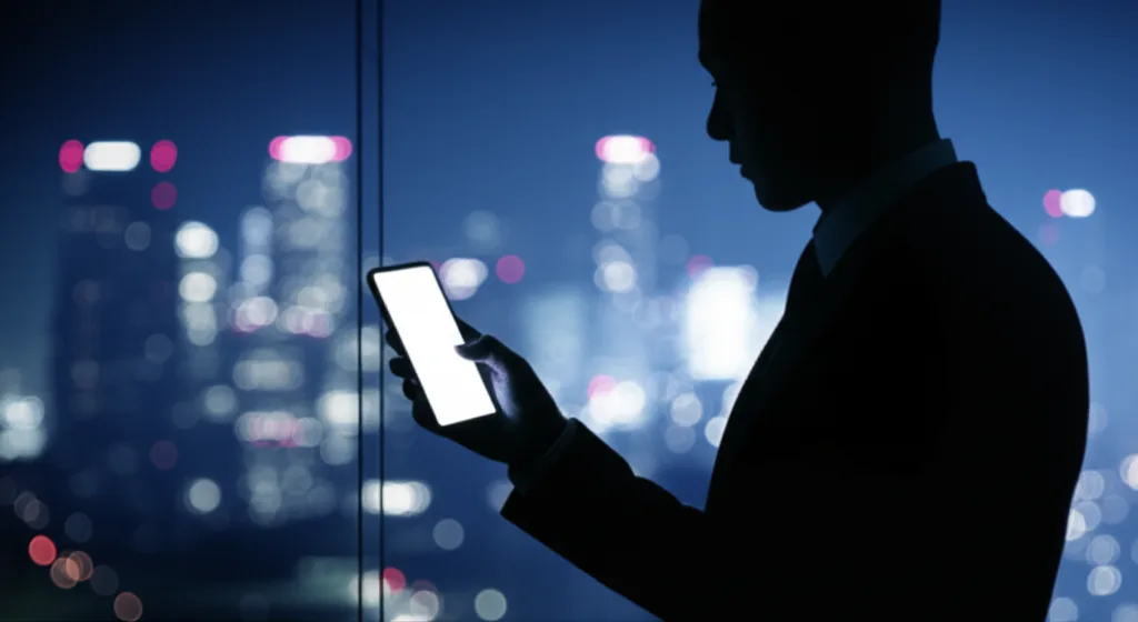 不動産投資の法人化:サブリース vs 所有型の選び方 - 都市の夜景を背景に、スマートフォンを手にしながら次のアクションを考えるビジネスパーソンのシルエット