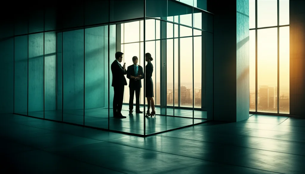 不動産投資 金利上昇対策｜2026年に勝つ「与信」戦略3選 - 銀行の窓口カウンターと担当者、ガラス越しに相談するビジネスマンのシルエット