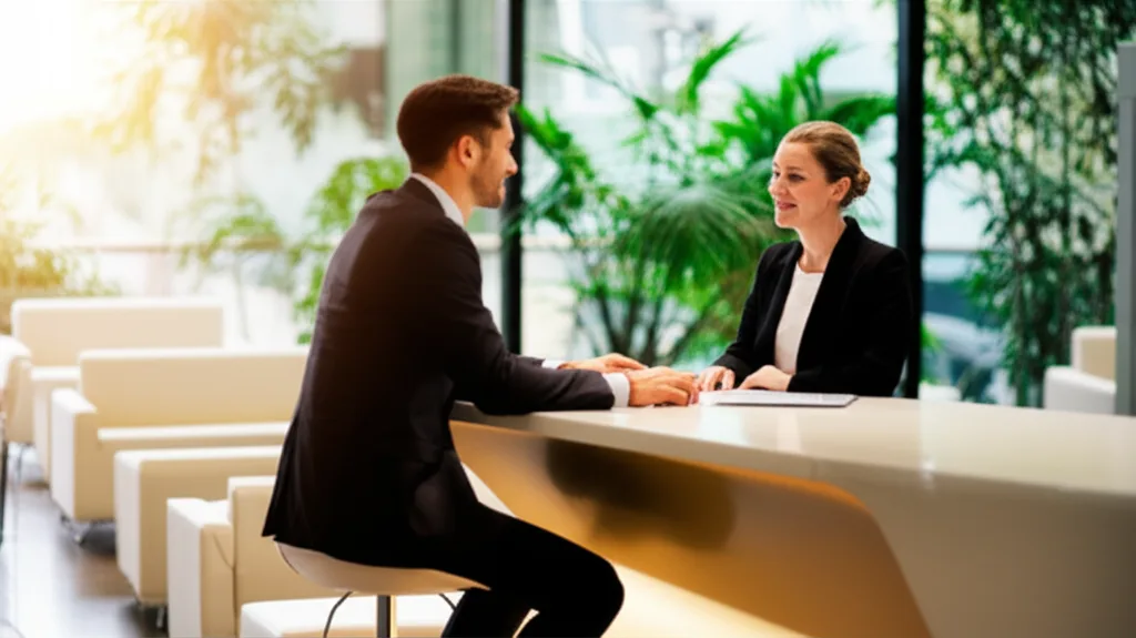 不動産投資 福岡|会社員の与信で5年FIRE、新築アパート融資戦略の全貌 - 銀行の窓口カウンターで担当者と向き合うスーツ姿のビジネスパーソン、明るいオフィス空間