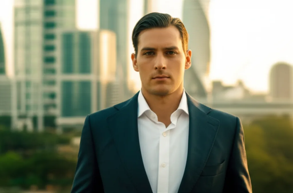 不動産投資 福岡|会社員の与信で5年FIRE、新築アパート融資戦略の全貌 - 都心の高層オフィスビル群を背景に、自信ある表情で立つスーツ姿の男性