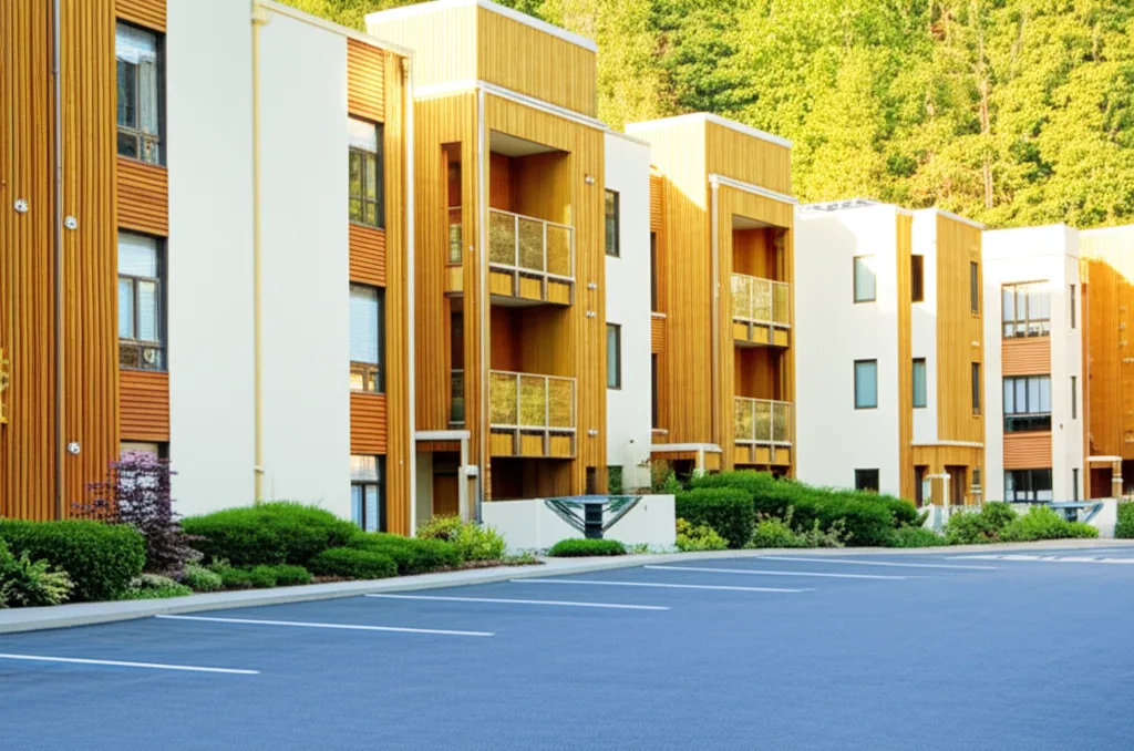 不動産投資 福岡|会社員の与信で5年FIRE、新築アパート融資戦略の全貌 - 陽光が差し込む新築木造アパートの外観、整備された駐車場と緑の植栽